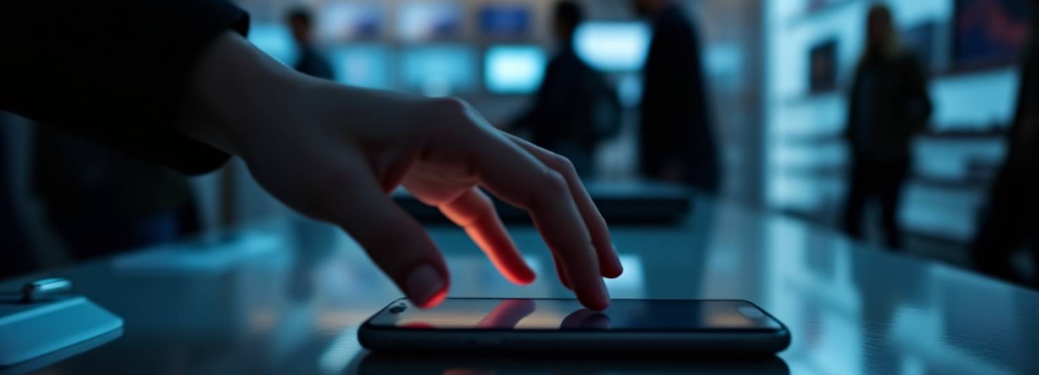 Изображение руки, которая тянется к смартфону на прилавке